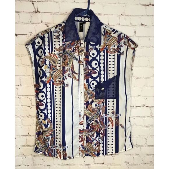 Secret  Women's Large L Top Sleeveless Blouse Collared  Couture Paisley Print - Picture 6 of 9